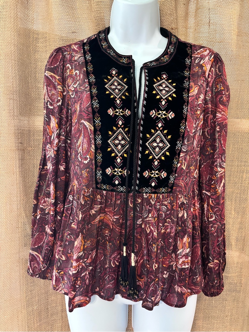 Anthropologie Daniel Rainn Velvet Yoked Peasant Top PXS New Without Tags